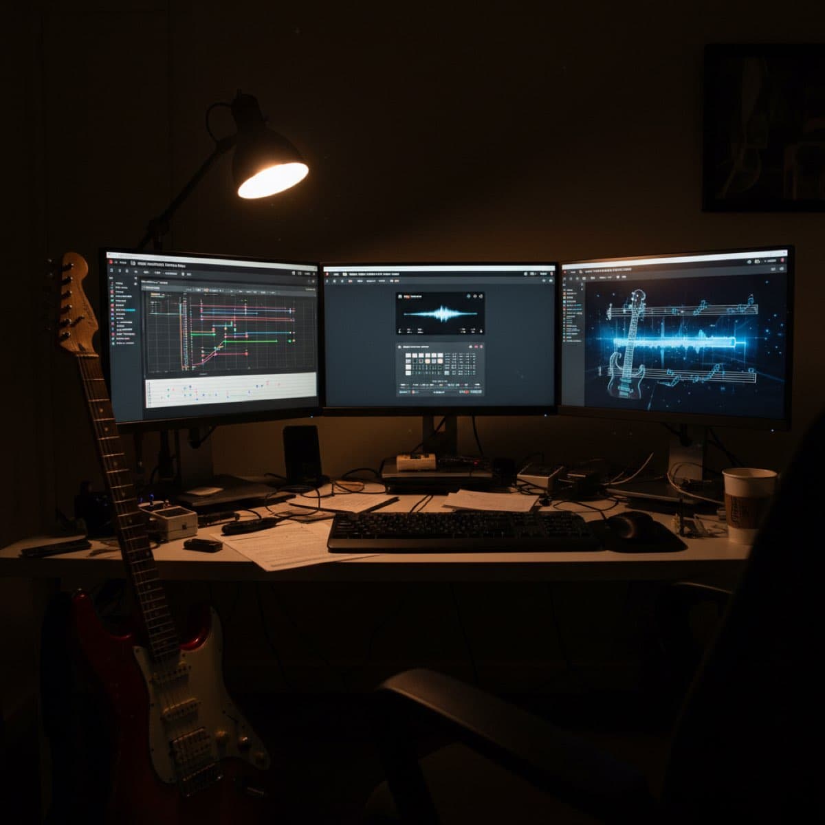 Multiple music software interfaces on a monitor with an electric guitar on a desk