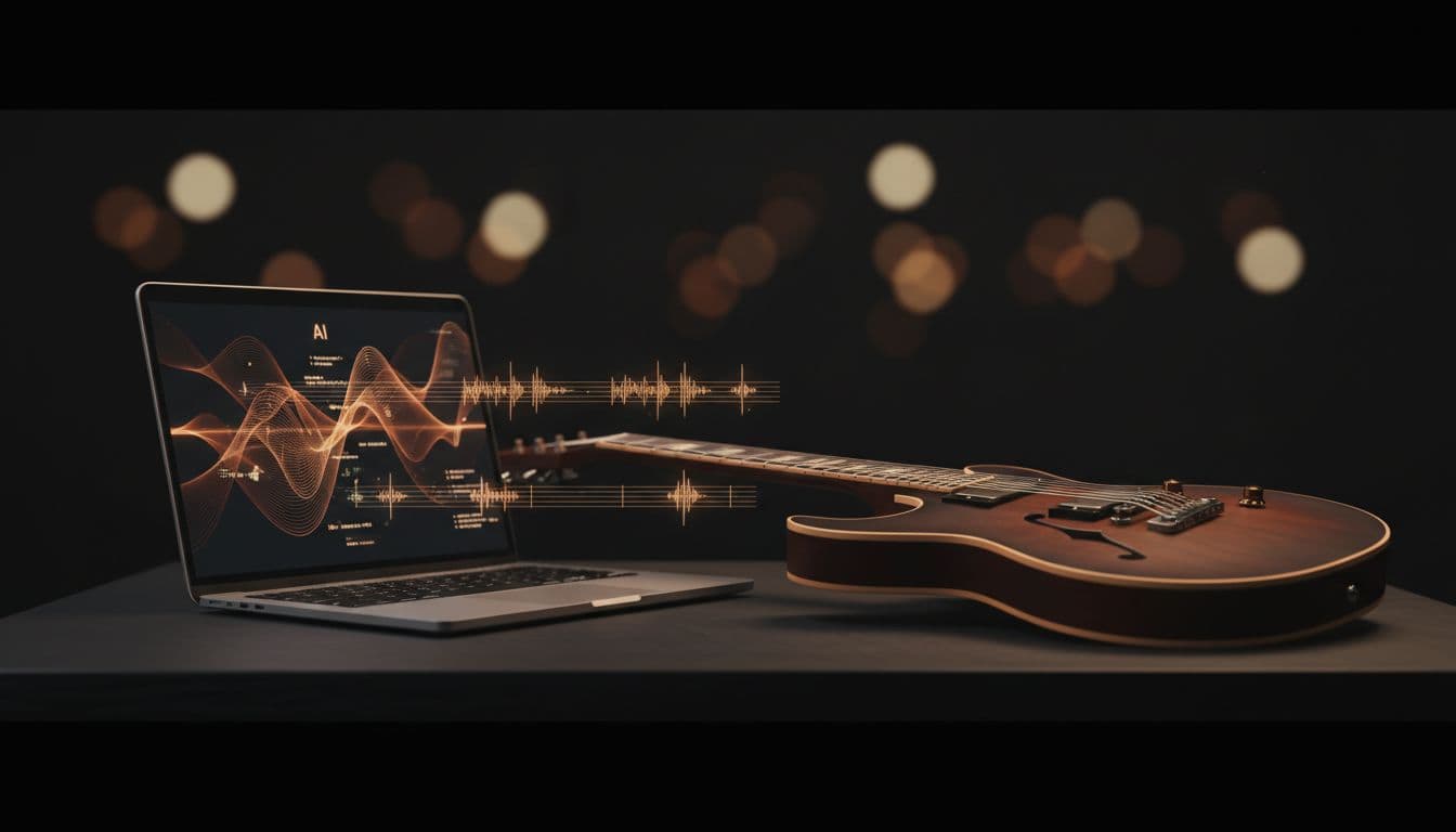Laptop showing AI music generation waveform next to an electric guitar in warm amber studio lighting, with musical notation flowing between them