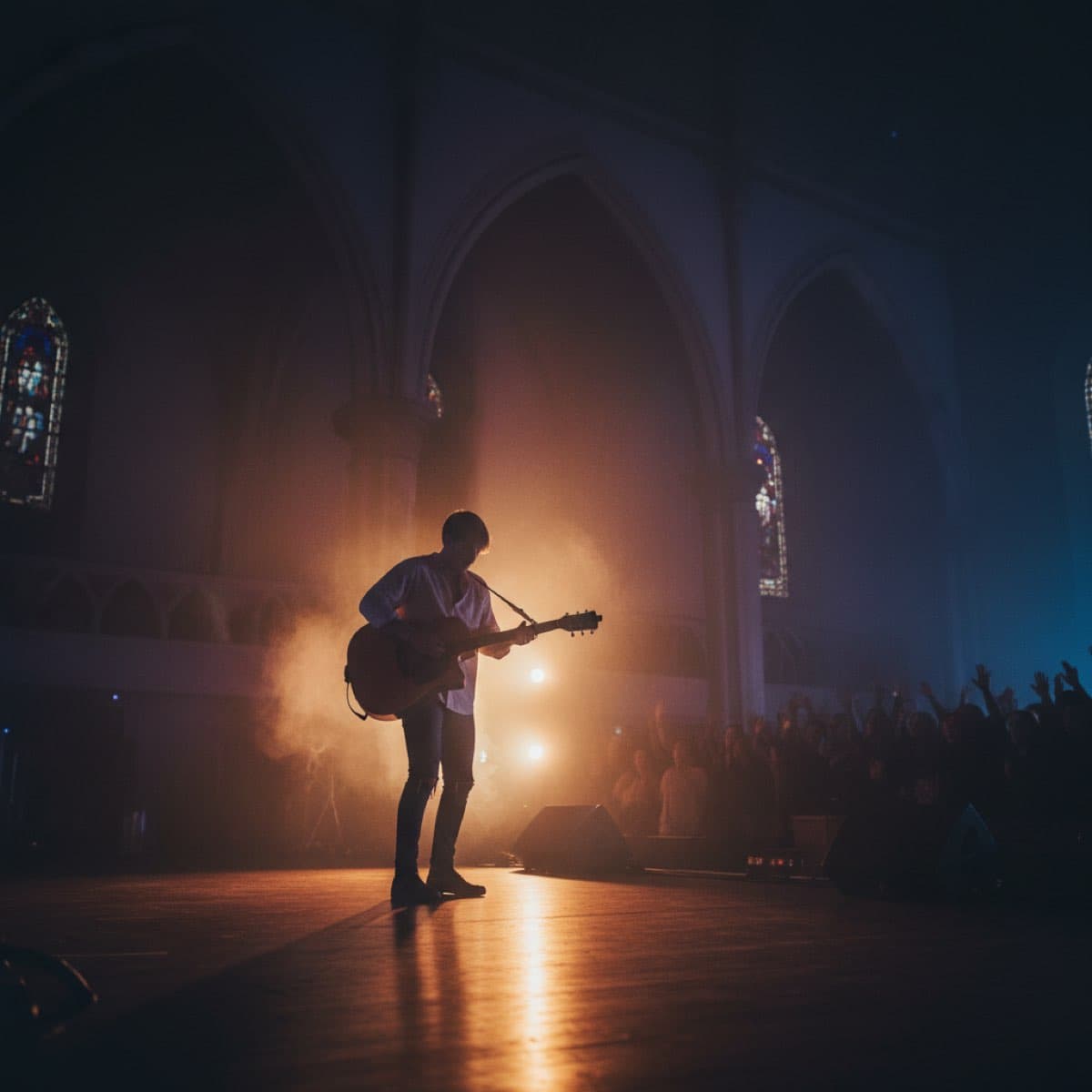 Guitarist on stage in a dimly lit worship setting with dramatic amber lighting