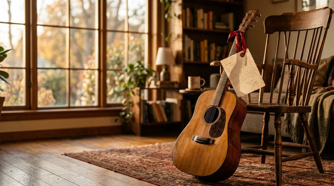 Acoustic guitar in a cozy room with a handwritten love letter tied to its headstock, golden hour light