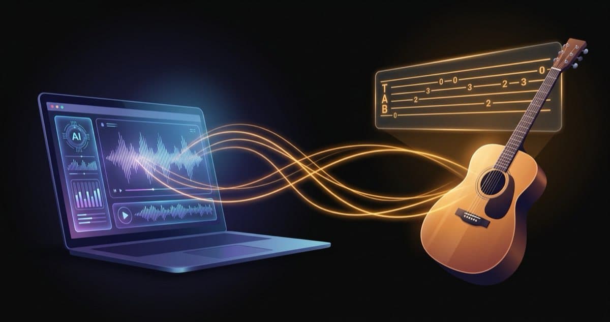 Laptop with AI music interface connected to guitar with tablature