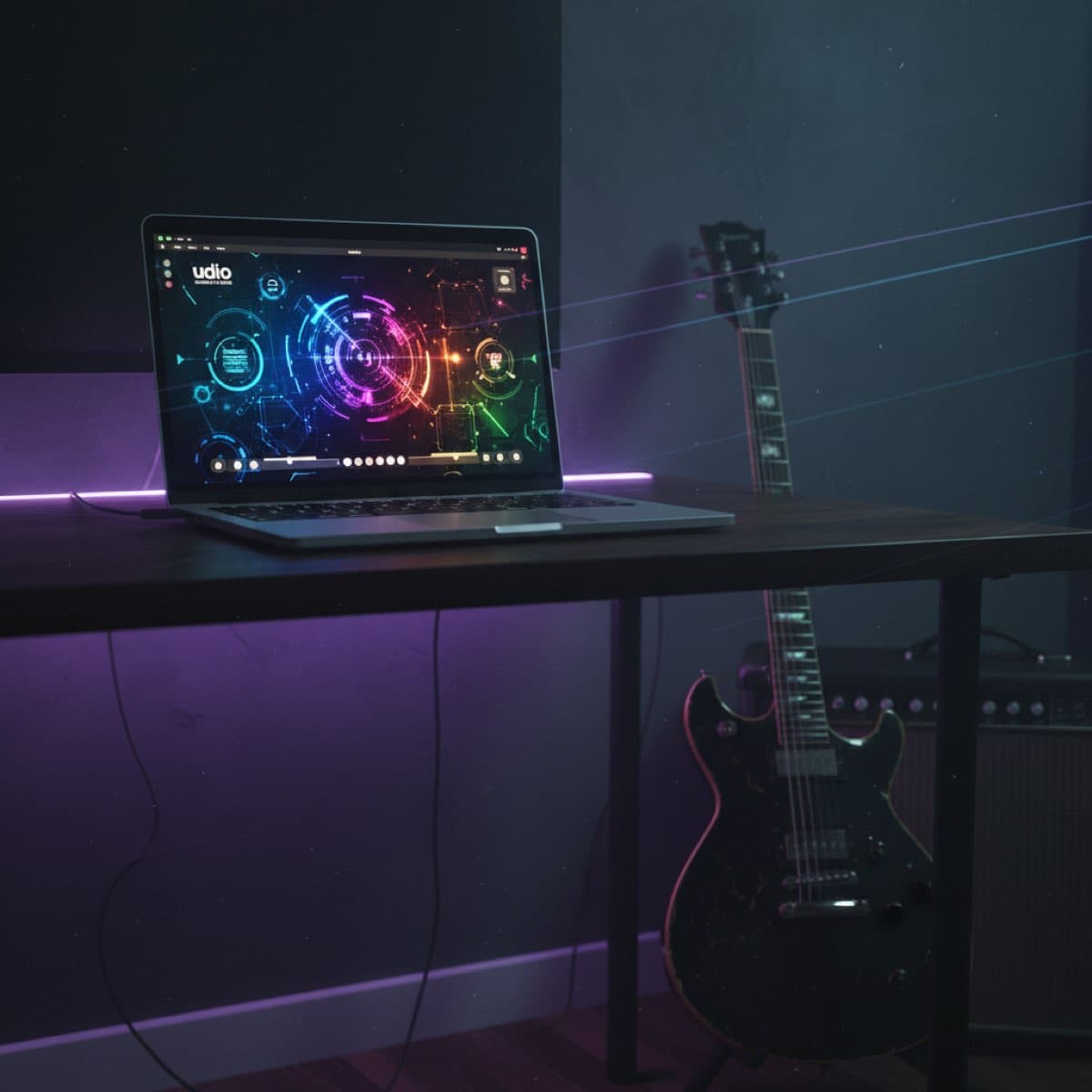Laptop with AI music interface next to an electric guitar on a dark desk with neon lighting