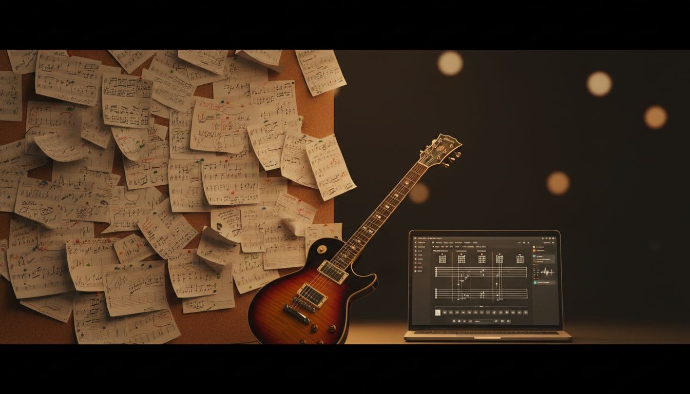 Corkboard wall of printed user-submitted guitar tabs on the left next to a laptop displaying precise AI tab transcription on the right, sunburst electric guitar bridging the foreground under warm studio lighting