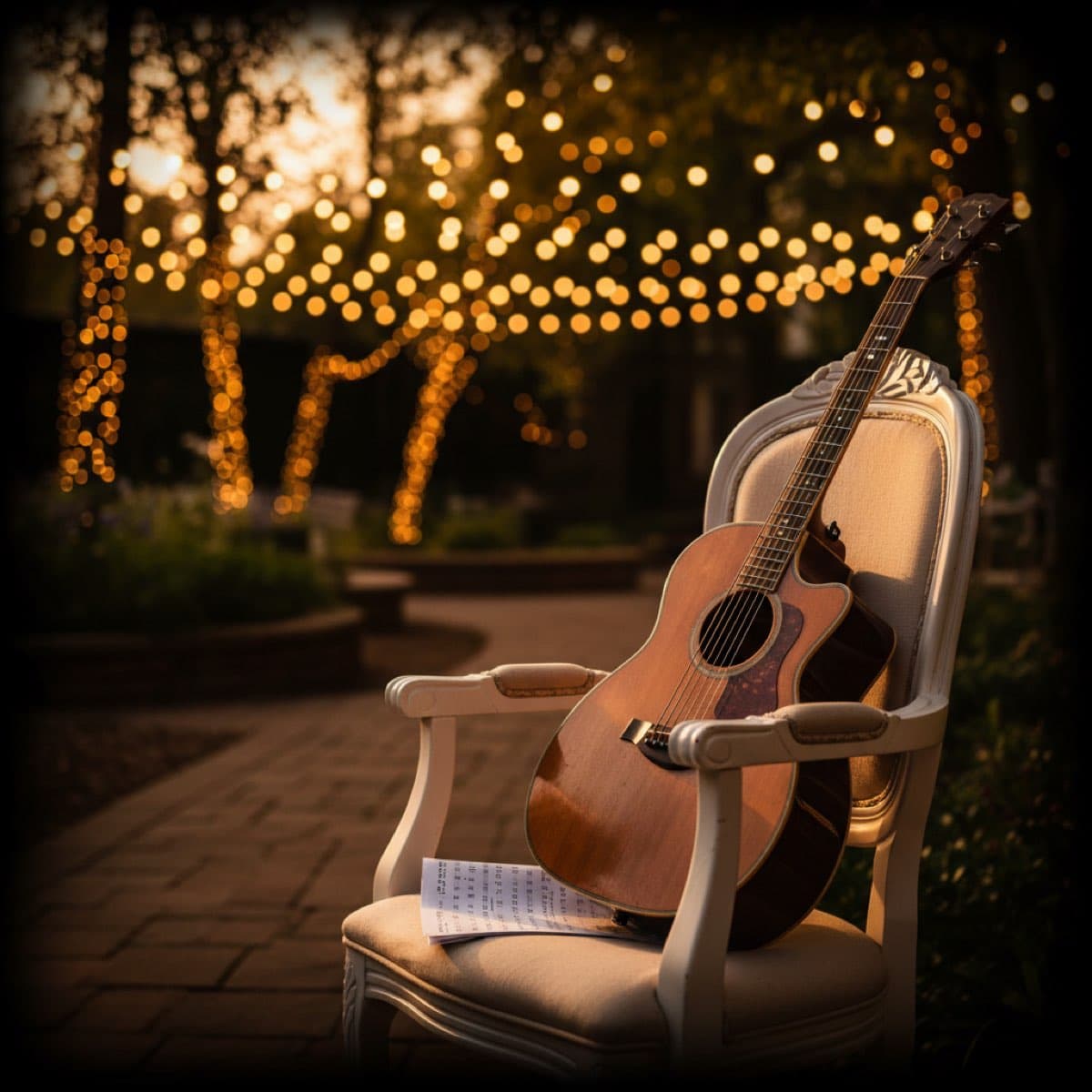 Acoustic guitar at an outdoor wedding venue with warm golden hour lighting