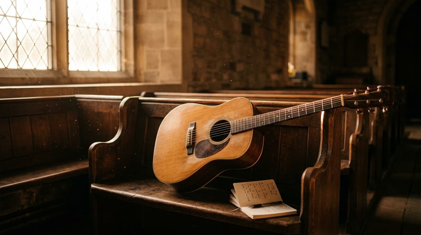 Acoustic guitar in warm sunlight with open chord chart
